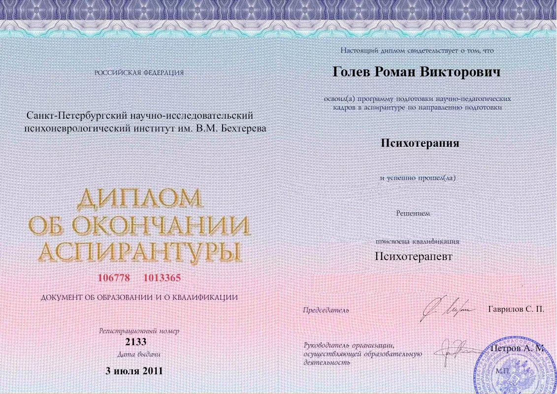 Диплом об окончании аспирантуры Голевым Романом Викторовичем наркологическая клиника в Чишмах Наше Здоровье